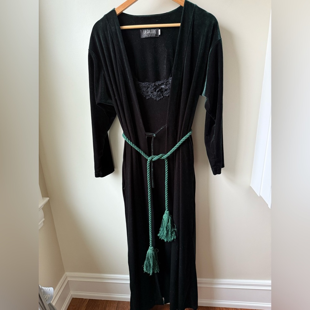 LA‎ GALERIE VERENA Velvet Robe Slip Dress Nightgown Set Regal Green Whimsigoth S